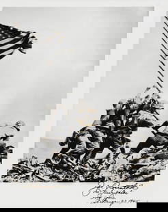 JOSEPH ROSENTHAL, Photographic print of Raising the Flag on Iwo Jima: [WORLD WAR II.] ROSENTHAL, Joseph. Photographic print of Raising the Flag on Iwo Jima, plate inscribed and signed: "Joe Rosenthal Mt. Suribachi Iwo Jima February 23, 1945." Printed later, measures 8 x