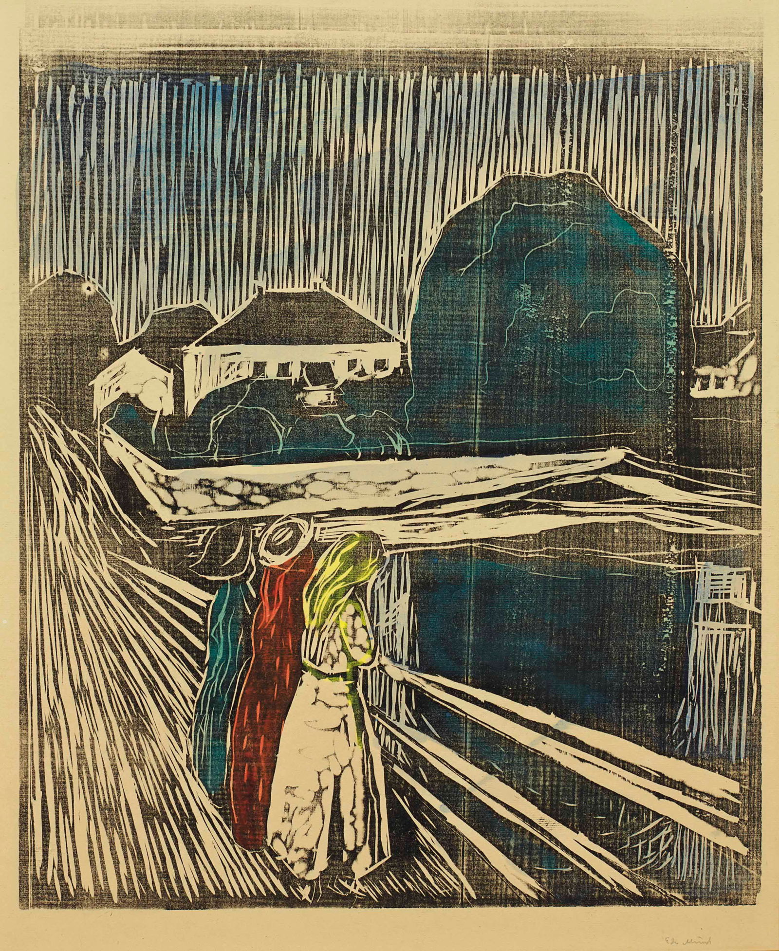 EDVARD MUNCH (1863-1944) Mädchen auf der Brücke (The Girls on the Bridge): EDVARD MUNCH (1863-1944)Mädchen auf der Brücke (The Girls on the Bridge), lithograph in colors, signed in the plate, measures approx 23.25 x 18.5 inches, heavy woven paper