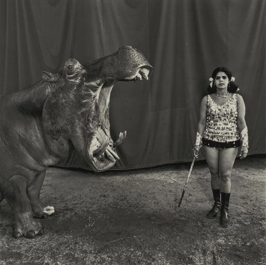 Mary Ellen Mark - Hippopotamus and Performer, India: Mary Ellen Mark - Hippopotamus and Performer, India. Photolitho. Measures: 7 x 7 inches.
