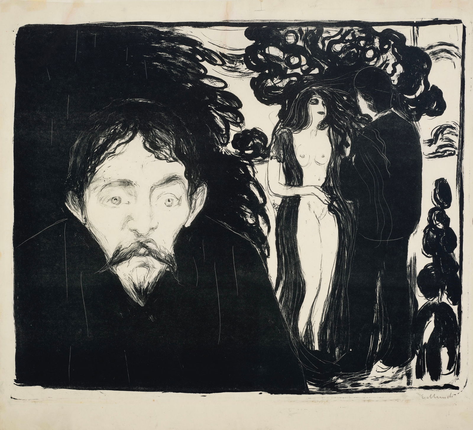 EDVARD MUNCH (1863-1944) Eifersucht II (Jealousy II): EDVARD MUNCH (1863-1944)Eifersucht II (Jealousy II)Print in black, on heavy paper, signed in the plate, with margins, Measures approx 24 x 25 inches