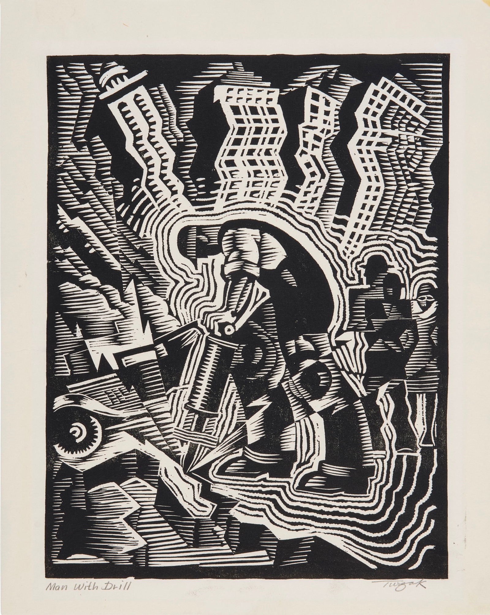 CHARLES TURZAK (1899-1986) Man with a Drill: CHARLES TURZAK (1899-1986) Man with a Drill ,Print in colors on wove paper, signed and titled in the plate measures approx 14 x 11 inches