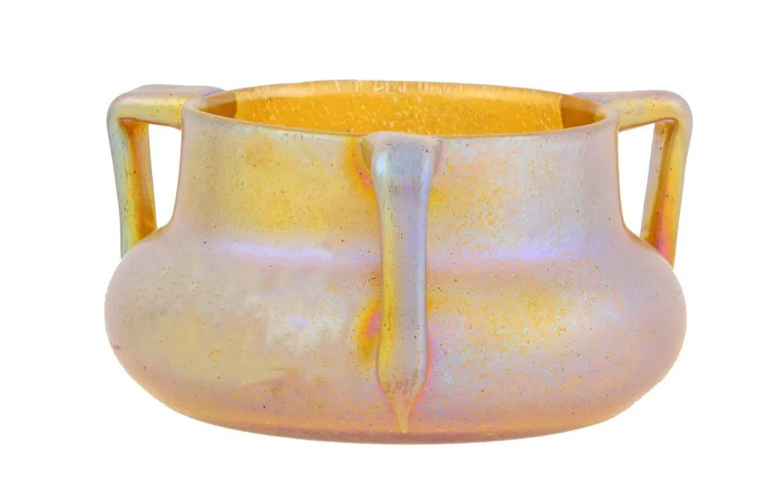 Loetz Candia Papillon Vase by Marie Kirschner: Loetz vase circa 1913 designed by Marie Kirschner,etched oval Czech signature on base.measures approx 3" inches tall