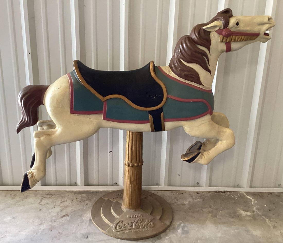 Original Cocacola Cast Iron Blue Carousel Horse W/ Branded Base Auction
