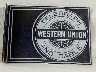 1920's Western Union and Cable Office Porcelain Flange Sign w/ Globe (1 of 2)