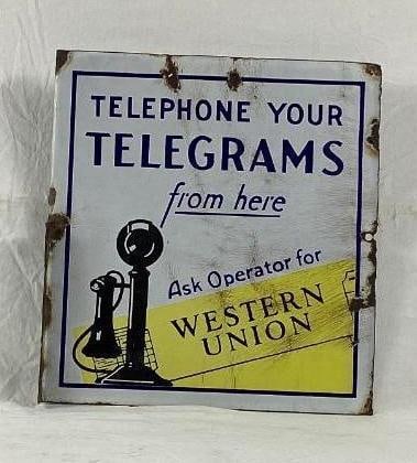 1920's Western Union "Telephone Your Telegraphs" Porcelain Flange Sign (1 of 2)