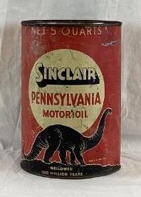 Sinclair Five Quart Can w/ Black Dinosaur: Sinclair Five Quart Can w/ Black Dinosaur. Seldom seen five quart can dates to the 1930's and presents with good color and some wear.