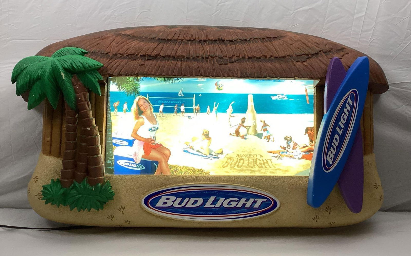 Bud Light Beach Panorama Lighted Sign w/ Original Box: Bud Light beach panorama lighted sign. Presents in nice original working condition with the original box. Measures 45x26 x 9.