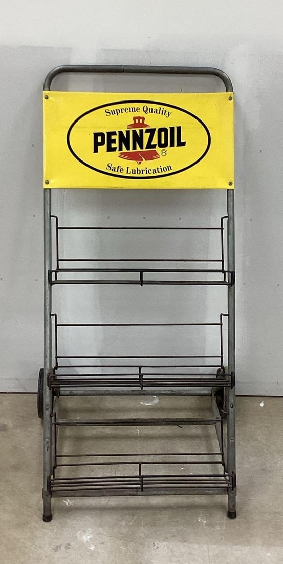 Pennzoil Supreme Quality Oil Can Rack: Pennzoil Supreme Quality Oil Can Rack. Sign presents with very nice color and light wear. Measures 41x20.