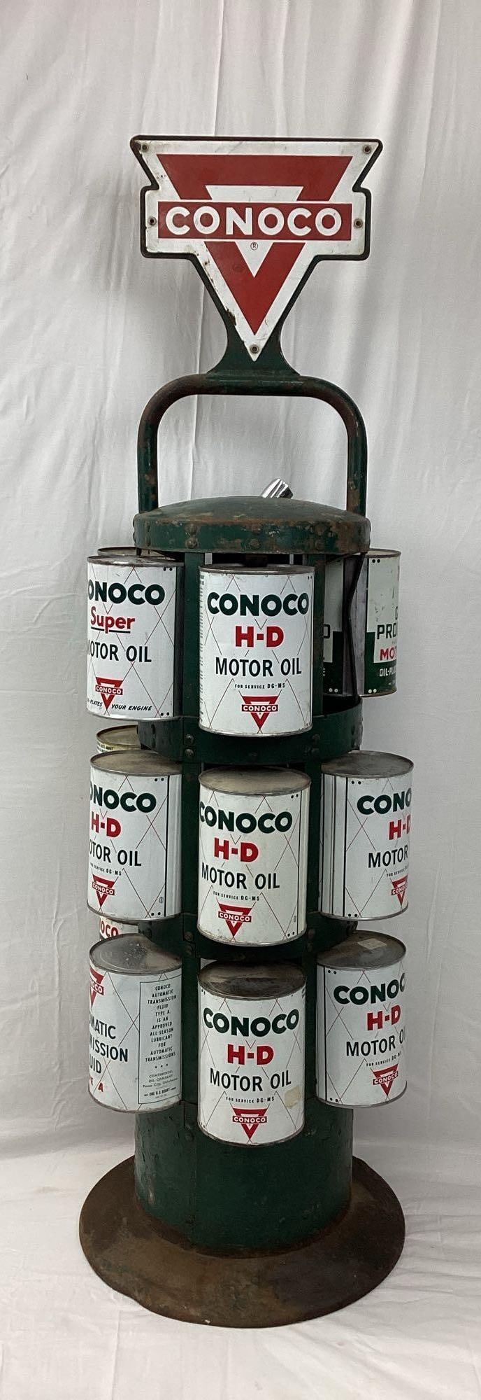 Conoco Barrell Style Quart Oil Can Rack w/ Porcelain Signs (1 of 8)