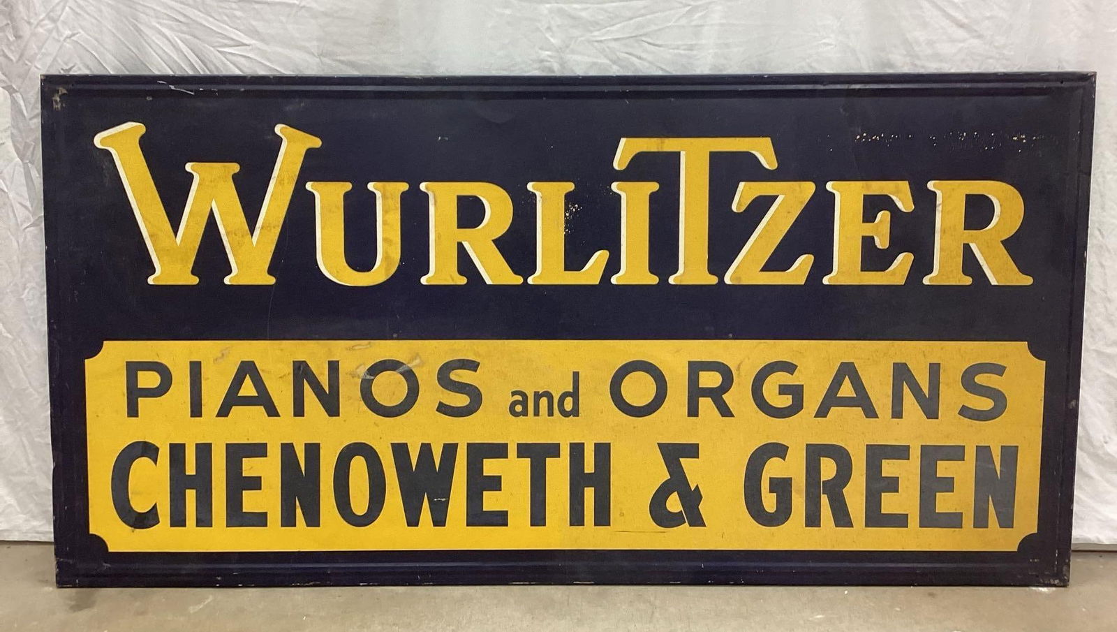 6ft Wurlitzer Piano & Organ Sign Chenoweth & Green Stillwater, OK: 6ft Wurlitzer Piano & Organ Sign. From Chenoweth & Green Stillwater, Oklahoma. Presents in nice condition with good color, some wear and original patina on the wood frame. Measures 72x36. Great piece