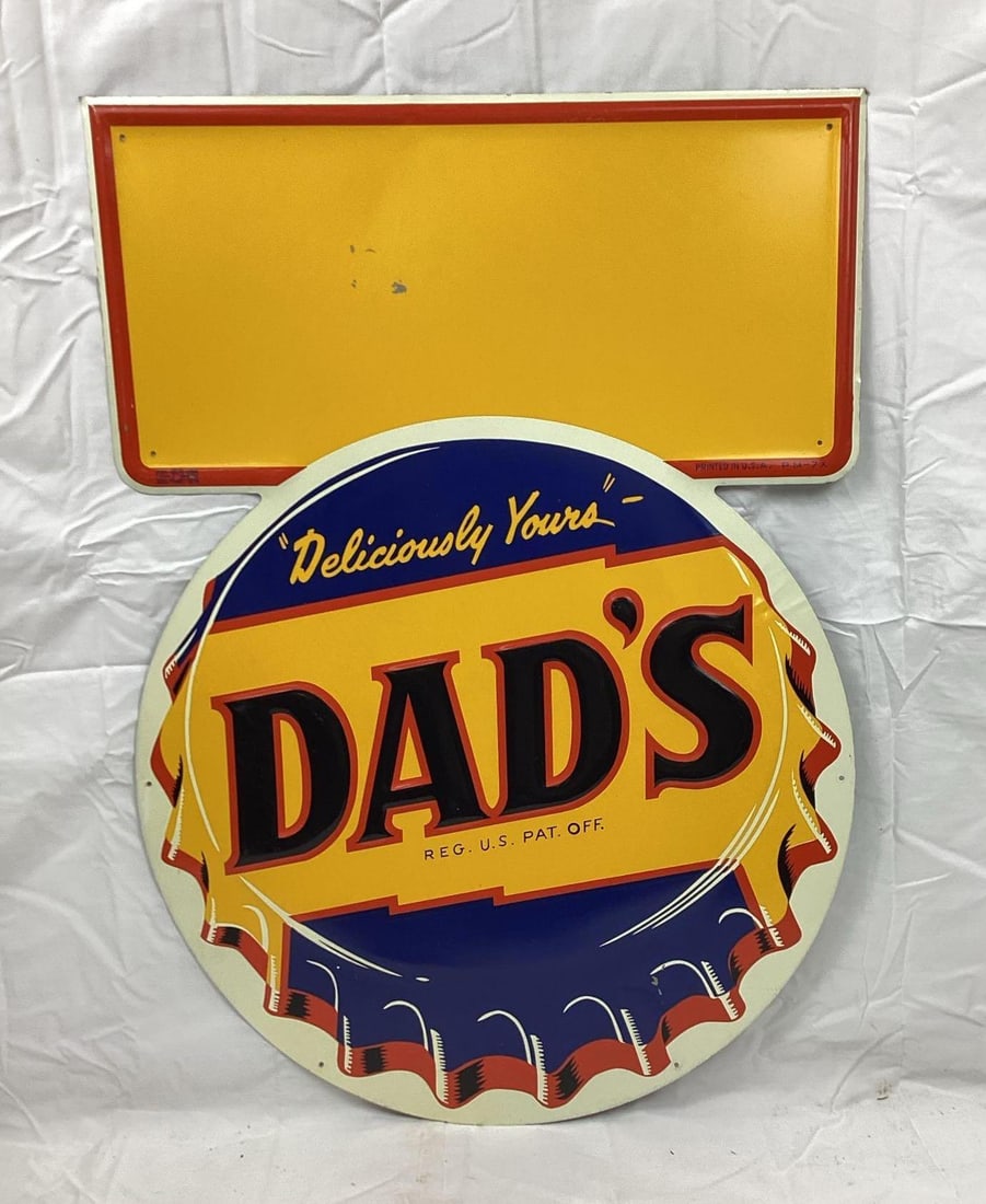 Dad's Root Beer Die-Cut Sign w/ Bottle Cap: Dad's Root Beer die-cut sign w/ bottle cap and privilege area. Single sided die-cut sign presents with nice color and light wear. Measures 28x20.