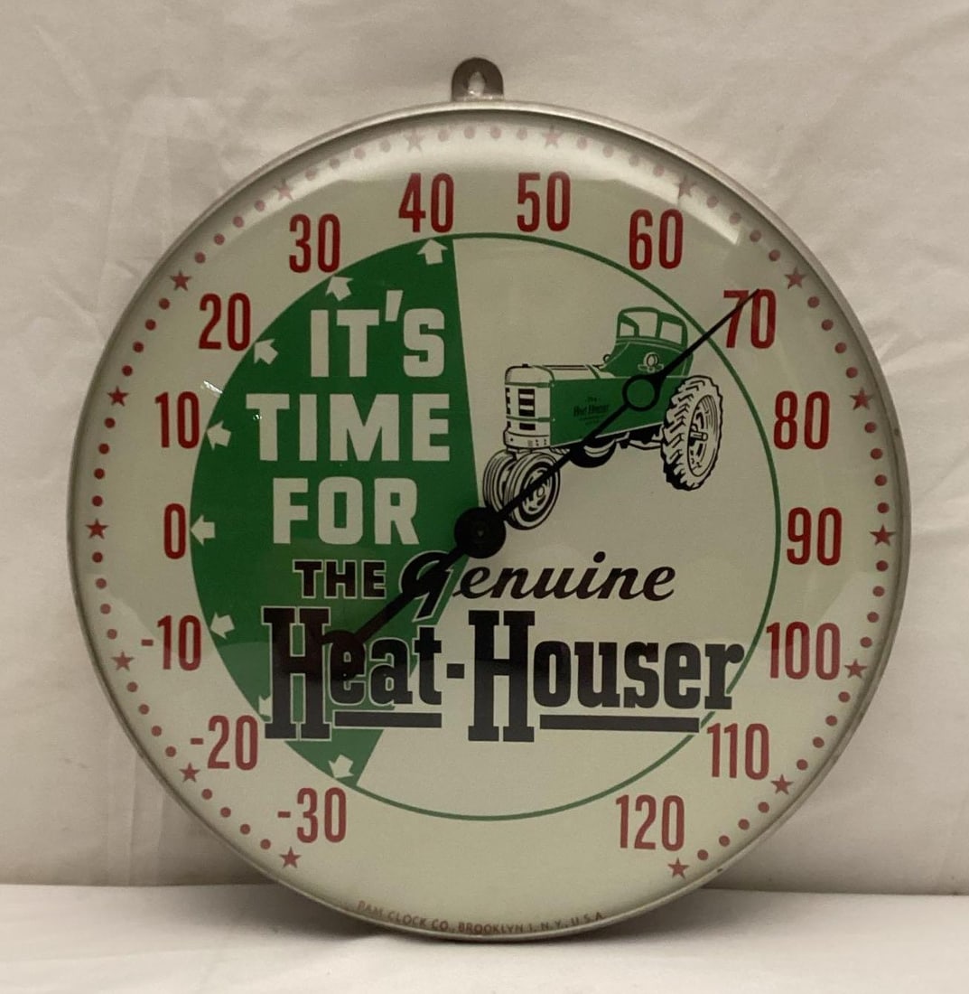 Genuine Heat-Houser Pam Thermometer w/ Green Tractor: Genuine Heat-Houser Pam Thermometer w/ Green Tractor. Working thermometer measures 12 round.