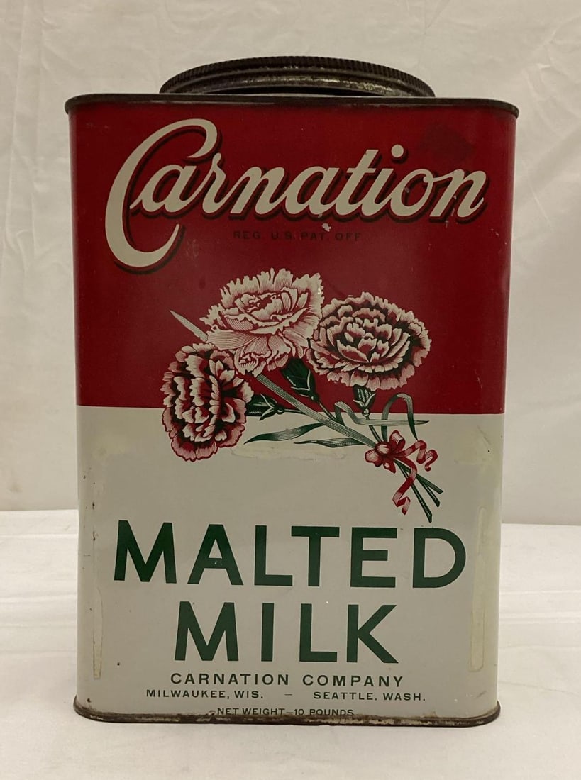 Early 10lb Carnation Malted Milk Tin w/ Flowers (1 of 6)