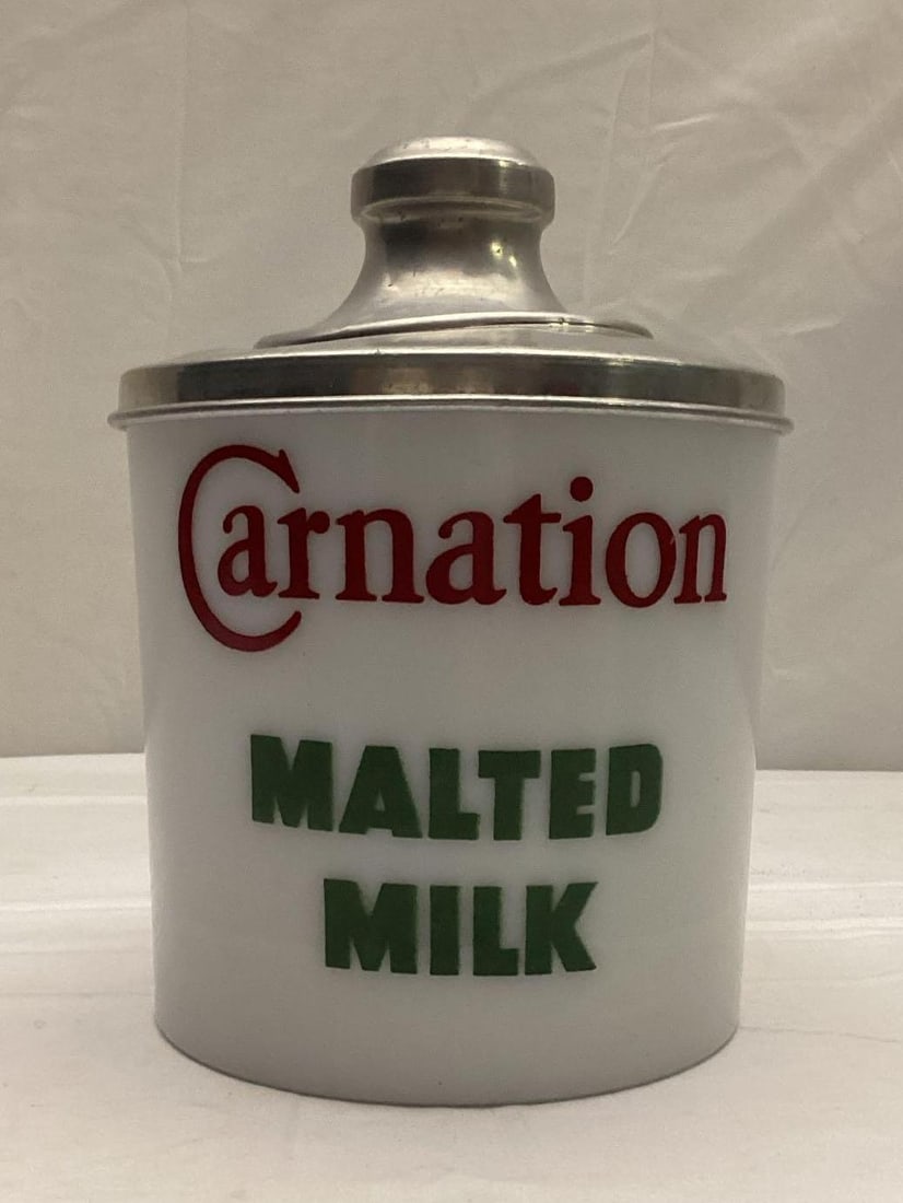Carnation Malted Milk Glass Soda Fountain Canister w/ Lid (1 of 5)
