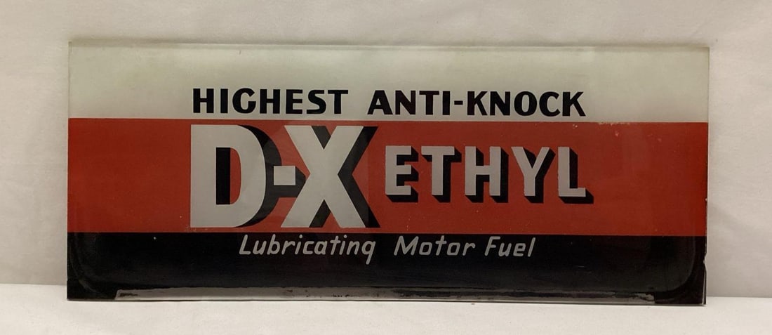 D-X Ethyl Anti-Knock Gas Pump Ad Glass: D-X Ethyl Anti-Knock Gas Pump Ad Glass. Measures 12.5 x 5