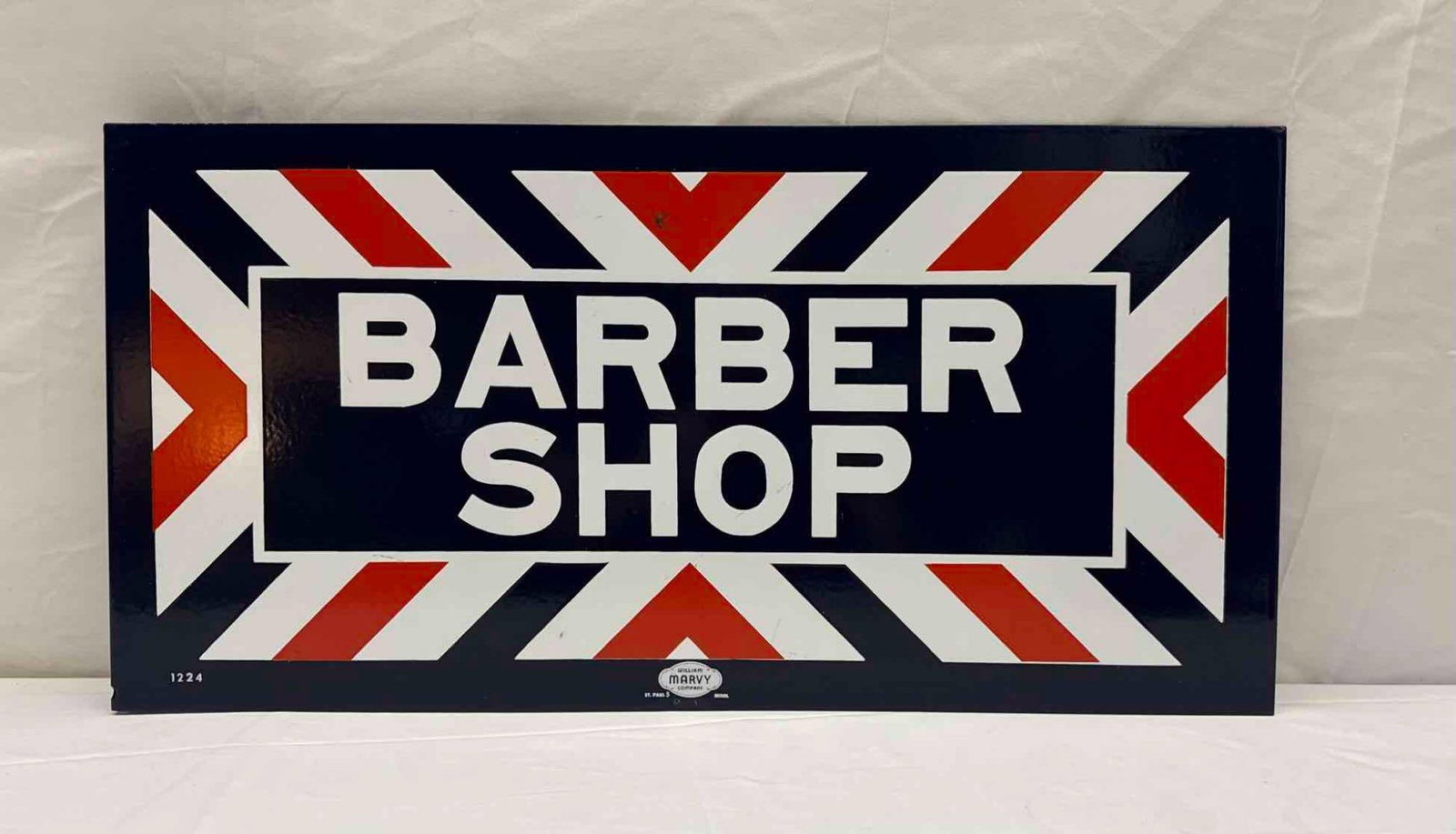 Marvey Barbershop Porcelain Flange Sign: Marvey Barbershop Porcelain Flange Sign. Measures 24 x 12 x 1.5