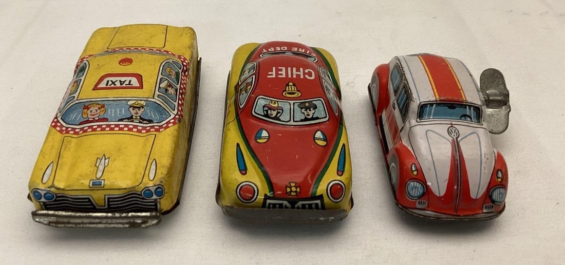 Fire Chief, Taxi and Volkswagen Beetle Japanese Friction Toy Cars: Fire Chief, Taxi and Volkswagen Beetle Japanese Friction Toy Cars. Measures 3.5 x 1 x 2.