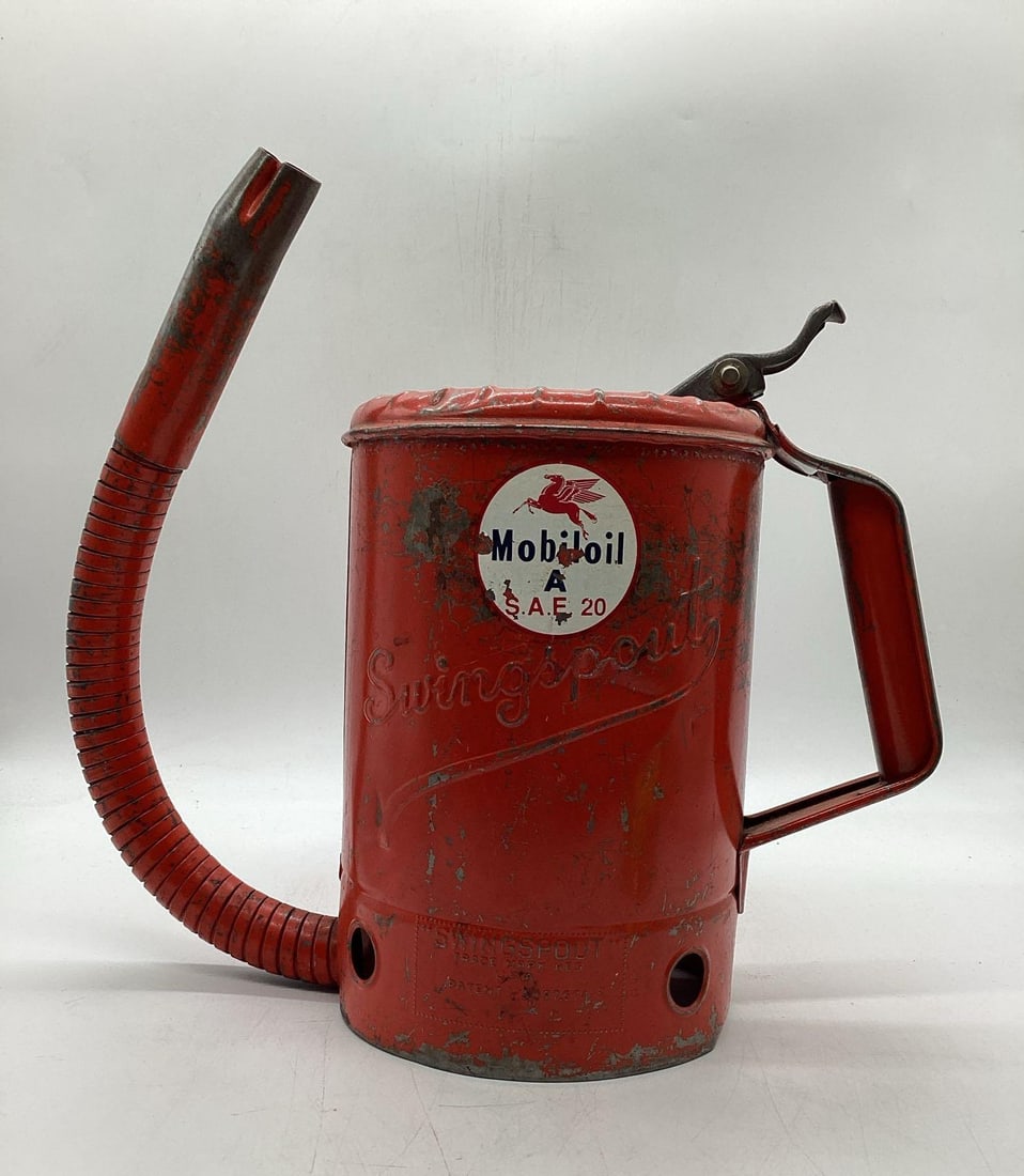 Early Filling Station Swingspout Can Mobil: Early Filling Station Swingspout Can Mobil. Measures 12 x 11 x 6