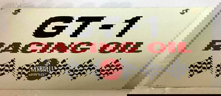Kendall GT-1 Racing Oil Sign: Kendall G-T Racing Oil double sided painted metal sign.? Features six checkered racing flags and Kendall logo.? Presents with very nice color and minimal wear.? Measures .24x10