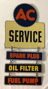 1947 AC Service Ladder Sign: AC Service single sided painted metal ladder signs. Set includes AC Service marque along with Fuel Pump, Spark Plug and Oil Filter signs. Presents with strong color and light wear. Measures 21"x10.5".