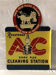 AC Spark Plugs Registered Cleaning Station Flange Sign: AC Spark Plugs Registered RX Cleaning Station painted metal die-cut flange sign.? Features "Bucky" in a bathtub graphic.? Presents with nice color, light wear on side one and more wear on side two.? M