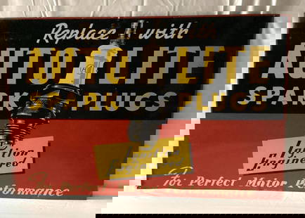 Replace With Auto Lite Spark Plugs Metal Sign: Replace With Auto Lite Spark Plugs single sided painted metal sign.? Four color sign features detailed spark plug graphic.? Presents with nice color and some wear.? Measures 18x28.