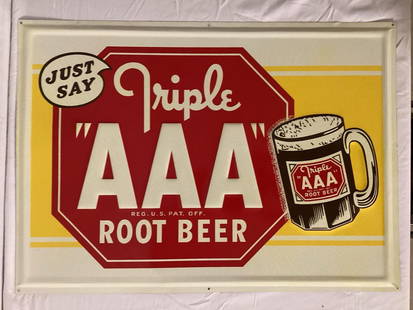 NOS Triple AAA Root Beer Embossed Sign w/ Mug: Just Say AAA Triple AAA Root Beer embossed metal sign.? Presents in outstanding? new old stock condition with original rice paper packaging. Measures 20x28.