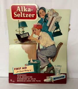 Early Graphic Alka Setzerl Poster: Alka Seltzer cardboard easel back sign with fantastic graphics.? Presents with very nice color and minor wear.