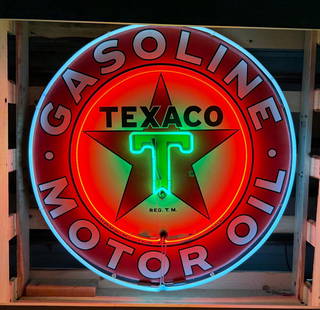 42" Texaco Motor Oil Porcelain Neon Sign: Texaco Motor Oil porcelain neon sign. Original porcelain sign with nice color and some wear with neon added. Older neon work with a unique wood back holding the transformer. Presents in a custom made