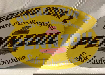 Pennzoil "Sound Your Z" Motor Oil Oval Sign: Pennzoil "Sound Your Z" die-cut double sided painted metal sign.? Presents in very nice condition with strong color and light wear..? Measures 12x6.5.