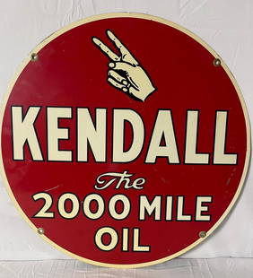 24" Kendall "The 2000 Mile Oil" Sign: Kendall The 2000 Mile Oil double sided painted metal sign.? Features detailed two finger logo.? Presents with good color and some wear. Measures 24?.