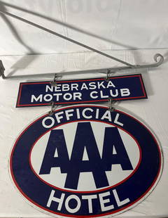 Nebraska Motor Club Official AAA Hotel Sign w/ Bracket: Nebraska Motor Club Official AAA Hotel double sided porcelain sign w/ original hanging bracket. Seldom seen with matching state sign. Presents with strong color and light wear.