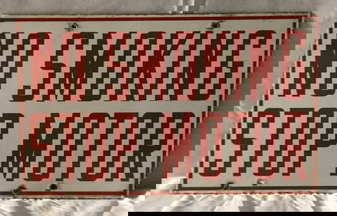 No Smoking Stop Motor Porcelain Sign: No Smoking Stop Motor double sided porcelain sign.? Presents with good color and light wear.? .Measures 8x13.