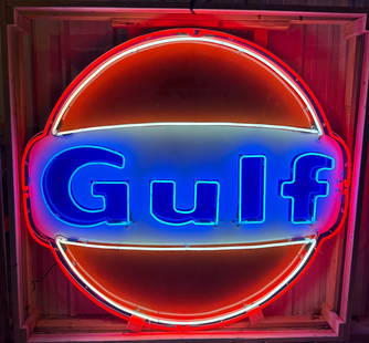 72" 1966 Gulf "Dog Ear" Porcelain Neon Sign: Gulf single sided porcelain sign with neon added. Sign is dated 1966 and has been professionally restored. Presents very well with custom made crate. Measures 82"x79"x11" in crate.Oil Capital Collecti