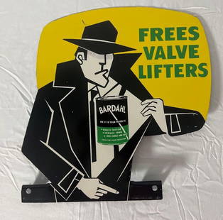 Bardahl "Frees Valve Lifters" single sided flanged die-cut painted metal rack topper sign. Features: Bardahl "Frees Valve Lifters" single sided flanged die-cut painted metal rack topper sign. Features die-cut graphics and presents in Mint NOS condition with original shipping paper