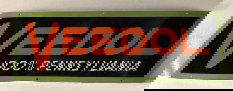 Veedol Porcelain Sign: Veedol single sided porcelain sign. Early sign presents with vibrant color and minor wear. Measures 14"x42".