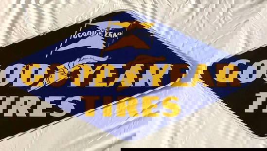 36" Goodyear Tires Sign w/ Winged Foot: Goodyear Tires double sided sign w/ Winged Foot logo. Presents with very strong color and minimal wear. Measures 36x19.5.