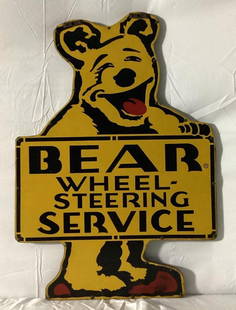 Bear Wheel Alignment Double Sided Sign: Die-Cut double sided Bear Wheel Alignment sign. Features original wood frame and flat blade/square hex hardware. Presents in very nice condition with light wear and strong color. Side two has some pai