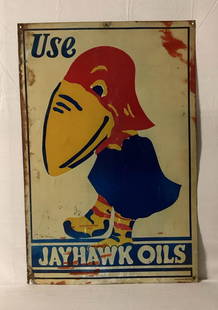Use Jayhawk Oils single sided painted metal sign.  Most of these signs are found with unstable: Use Jayhawk Oils single sided painted metal sign. Most of these signs are found with unstable paint. This example presents with nice color, stable paint with no flaking and some wear. Measures 24x36.