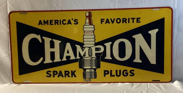 Champion Spark Plugs "America's Favorite" painted metal single sided sign.  1930's five color sign: Champion Spark Plugs "America's Favorite" painted metal single sided sign. 1930's five color sign presents with strong color and some wear. Measures 26x12.
