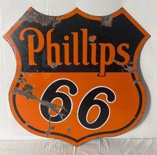 Rare 30" Phillips 66 Porcelain Shield Sign w/ White Border Numbers: Phillips 66 double sided shield sign. Rare version believed to be a transition sign featuring white border on the "66". Presents with good color and chipping. Measures 30"x25".