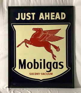 NOS 1949 Mobilgas "Just Ahead" Roadside Sign: Mobilgas "Just Ahead" roadside sign. Presents in fantastic new old stock condition with strong color and minor wear. Marked AM 5-49 and has the original frame. Measures 48"x60".