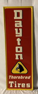 Dayton Tire column sign.  NOS self-framed embossed painted metal sign features "Thorobred": Dayton Tire column sign. NOS self-framed embossed painted metal sign features "Thorobred" graphic.Presents with very nice color and minimal wear. Measures 54x18.