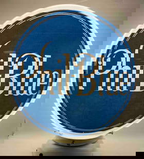 Phil-Blue gasoline pump globe.  Very rare single lens presents with strong color and no chips or: Phil-Blue gasoline pump globe. Very rare single lens presents with strong color and no chips or cracks. Mounted on a new wide glass body. Seldom offered for sale and almost always a void in large Phil