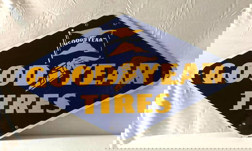 Goodyear Tires Porcelain Sign w/ Winged Foot and Flags: Goodyear Tires double sided porcelain sign. Features winged foot and flag graphics. Marked "Property of Goodyear". Presents with strong color and light wear. Measures 48"x26.5".