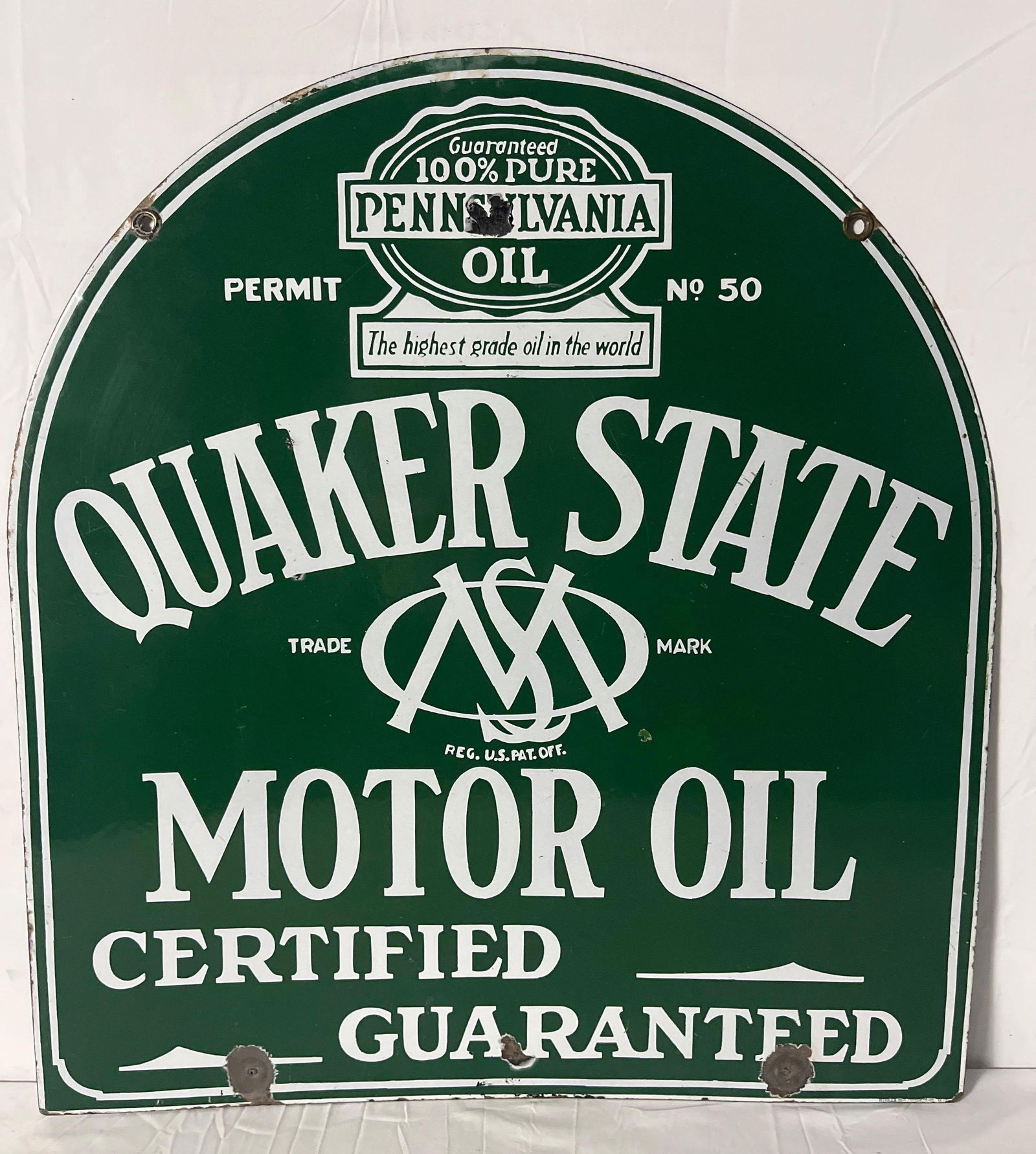 Early Quaker State Motor Oil Porcelain Tombstone Sign (1 of 6)