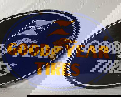 Goodyear Tires Oval Porcelain Curb Sign: Goodyear Tires double sided oval porcelain sign. Features winged foot and flag logo. Presents with nice color and some chips. Measures 20"x28".