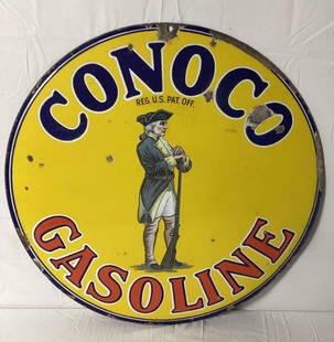 1920's Conoco Minuteman Gasoline Porcelain Sign: Conoco "Minuteman" Gasoline double sided porcelain sign. Features the "detailed" version of the Minuteman. Presents with nice color and a few chips. Measures 25ā diameter.