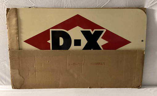 NOS D-X Motor Oil Porcelain Sign w/ Original Box: D-X Motor Oil double sided porcelain sign. New old stock sign is still in the original packaging. Presents in excellent overall condition. Measures 20"x30".