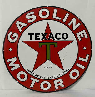 42" Texaco Motor Oil Porcelain Sign: Texaco Motor Oil double sided porcelain sign. 1930's sign presents with very nice color, minor wear and a slight bend. Measures 42".
